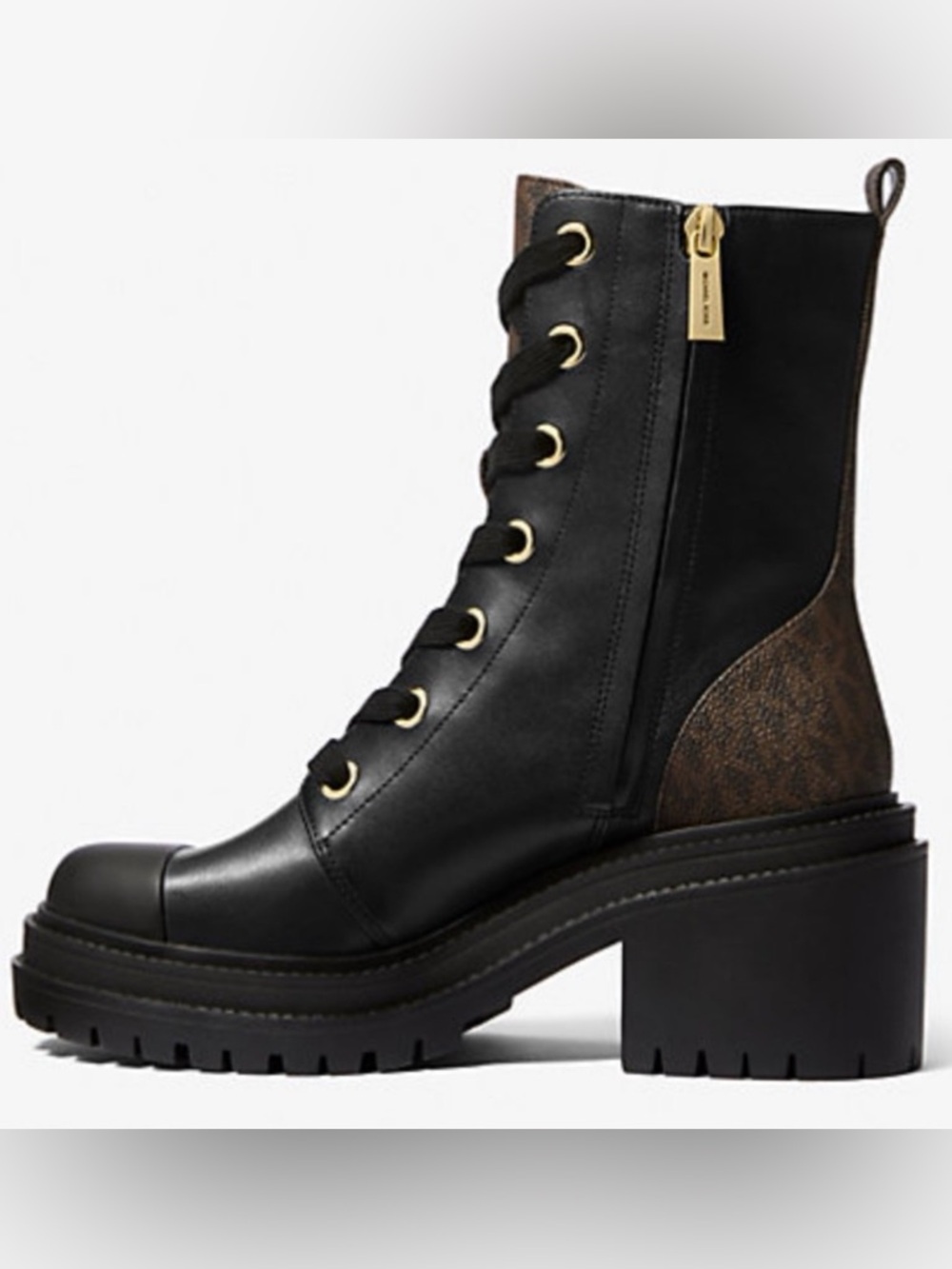 . Michael Kors Black Hanley Leather & Signature Logo Trim Combat Boots